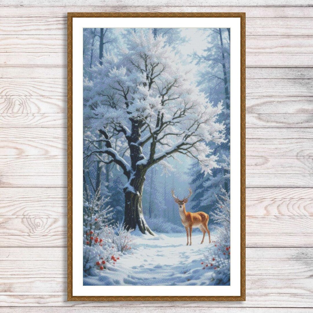 Deer Counted Cross Stitch Pattern Winter Forest Snow Modern Embroidery ...