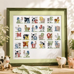 Farm Animals ABC Sampler Counted Cross Stitch Pattern ABC Embroidery Hand Stitching Embroidery Chart Needlepoint Chart Decor for kids room