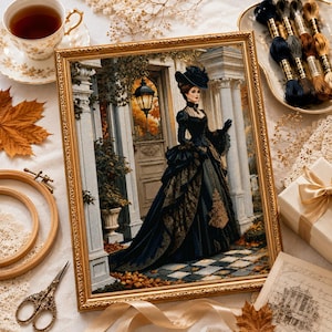 Elegant Woman Cross Stitch Pattern Digital Pattern Blue Dress Graceful Century Victorian Lady Hand Embroidery Needlepoint chart PDF