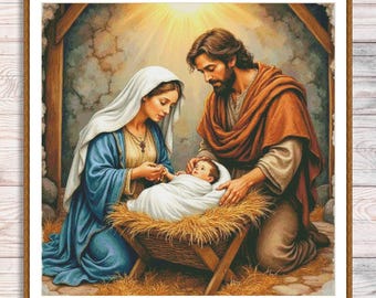 Nativity Scene Cross Stitch Pattern Holy Family Christmas Embroidery Chart PDF Manger Baby Religious Christian Needlework Instant Download