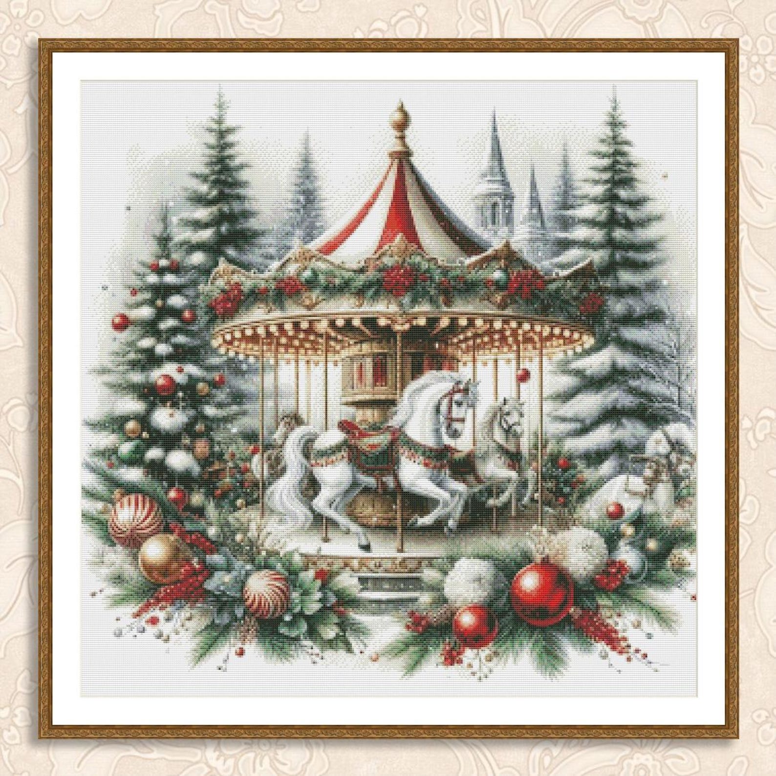 Christmas Carousel Cross Stitch Pattern PDF, Holiday Winter Horses ...