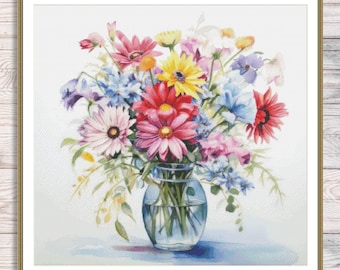 Ramo de verano Patrón de punto de cruz contado Ramo de rosas Patrón digital floral vintage Gráfico de bordado de flores silvestres Descargar