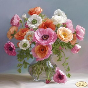 May include: A bouquet of pink, white, and orange flowers in a clear glass vase. The flowers are arranged in a loose, natural style. The vase is sitting on a white surface.
