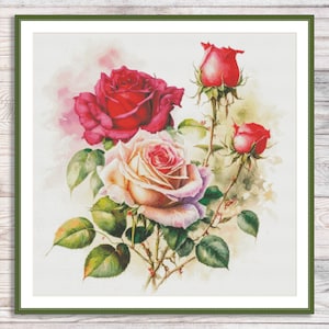 Vintage rozen tak geteld kruissteekpatroon aquarel bloemen tak van tuin bloemen Vintage bloemen digitaal borduurpatroon pdf
