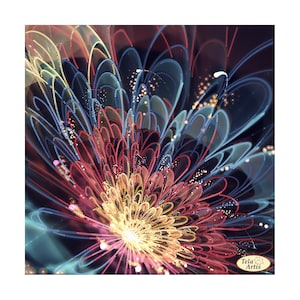 May include: Abstract digital art featuring a colorful flower with red, blue, and yellow petals. The flower is surrounded by a dark background with a subtle sparkle effect.