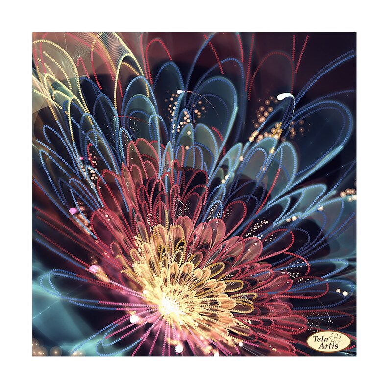 May include: Abstract digital art featuring a colorful flower with red, blue, and yellow petals. The flower is surrounded by a dark background with a subtle sparkle effect.