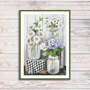 Wilde bloemen geteld kruissteekpatroon zomer bloemen tuin bloemen madeliefjes hortensia glazen potten vintage bloemen borduurpatroon