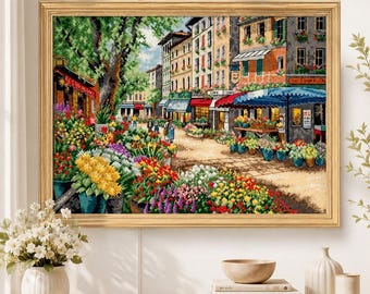 Paris Market Cross Stitch Pattern Modern Decor Landscape Pattern Hand Embroidery Needlepoint Counted cross stitch Holidays vacation Flowers