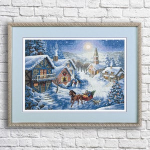 Sleigh Ride Counted Cross Stitch Pattern Christmas Village Winter Landscape Hand Embroidery Needlepoint Chart Cottage Digital Pattern PDF