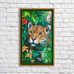 Luipaard kruissteekpatroon Jungle dierenpatroon Handborduurwerk Borduurpatroon Download PDF Digitaal patroon Tropische bloemen bladeren