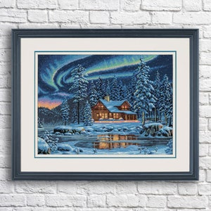 May include: A cozy cabin nestled in a snowy forest under a vibrant aurora borealis. The cabin has a warm glow from the windows and is surrounded by tall pine trees. The sky is a deep blue with swirling green and purple lights.