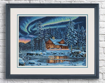 Aurora Cabin Counted Cross Stitch Pattern Christmas Village Winter Holidays Winter Landscape Hand Embroidery Needlepoint Chart Cottage PDF