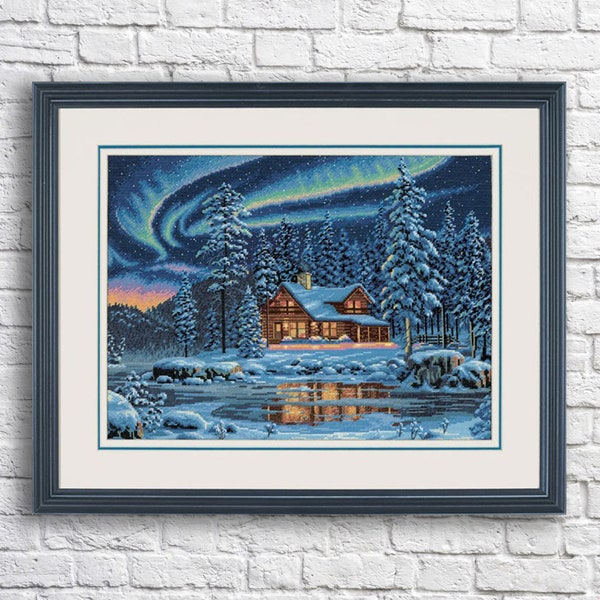 Aurore cabine compté point de croix motif Village de Noël vacances d'hiver paysage d'hiver broderie à la main tapisserie tableau Cottage PDF