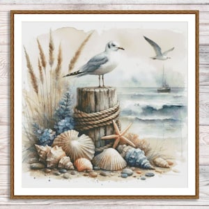 Padrão de ponto cruz com vista para o mar, conchas, paisagem marinha, gaivotas, onda, padrão digital, aquarela, padrão de paisagem, bordado à mão