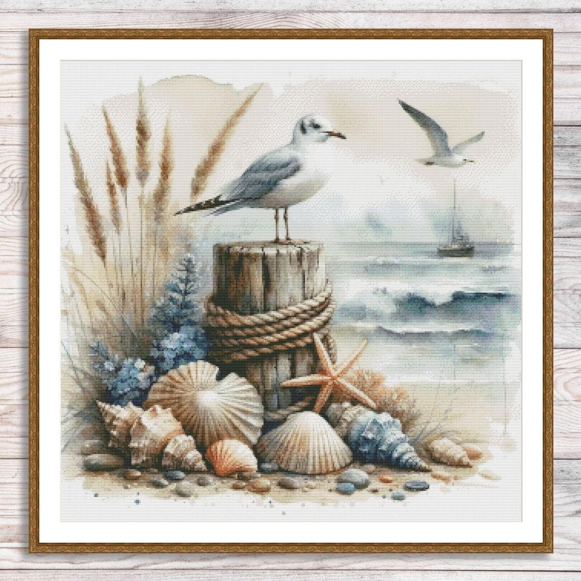 Sea View Counted Cross Stitch Pattern Shells Seascape Seagulls Wave ...