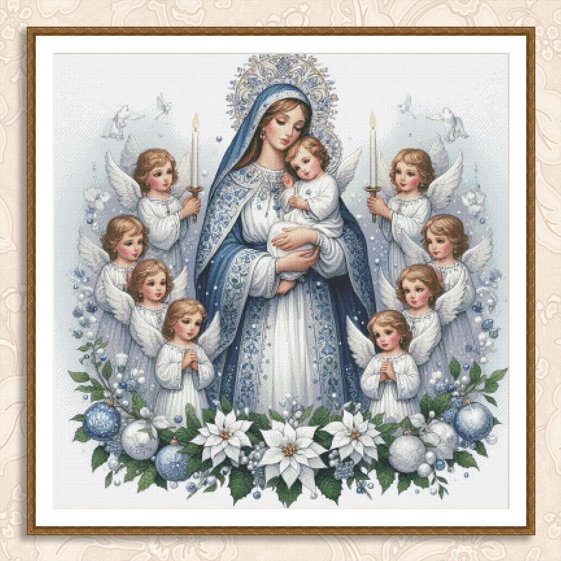 マリア様　　刺繍画 聖母マリアと幼子のクロスステッチ図案、天使の宗教刺繍、PDFの即時