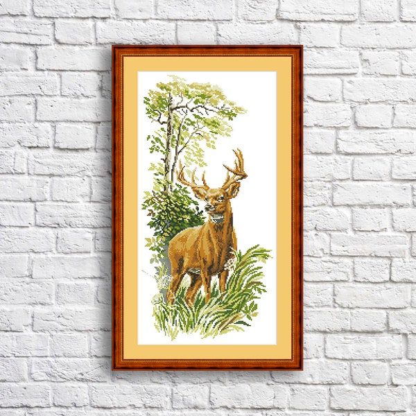 Deer Counted cross stitch Pattern Summer Forest Modern Embroidery Hand Xstitch Decor Deer Embroidery Needlepoint Chart Landscape