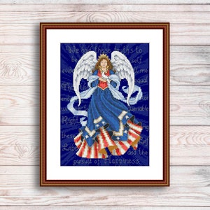 Patriotic Angel Cross Stitch Pattern Digital Pattern Girl Woman Angels Modern Wall Decor Pattern Hand Embroidery Needlepoint chart PDF