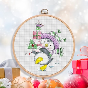 Happy Penguin Presents Christmas Cross Stitch Pattern Xmas Gifts Hand Embroidery Home Stitching Decor Embroidery Pattern Needlepoint Chart