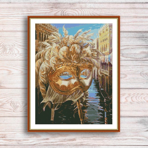 Venecian Mask Cross Stitch Pattern Carnival masks Digital Pattern Modern Wall Decor Hand Embroidery Needlepoint Venice Gondola