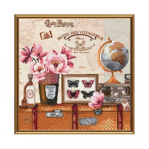 Cross Stitch Kit Viaje alrededor del mundo Contado Cross Stitch Pintura Costuras Sala de pared Decoración Nova Sloboda Mapa del mundo Mariposas Naturaleza muerta