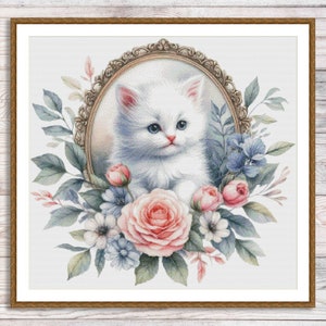 Charming Kitty Cross Stitch Pattern Cats love Flowers Modern Decor Pattern Animal Embroidery Needlepoint chart Hand Counted cross stitch