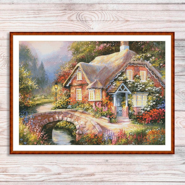 Victorian Cottage #6 Counted Cross Stitch Pattern Summer Landscape Pattern Hand Embroidery Needlepoint Chart Cottage Digital Pattern