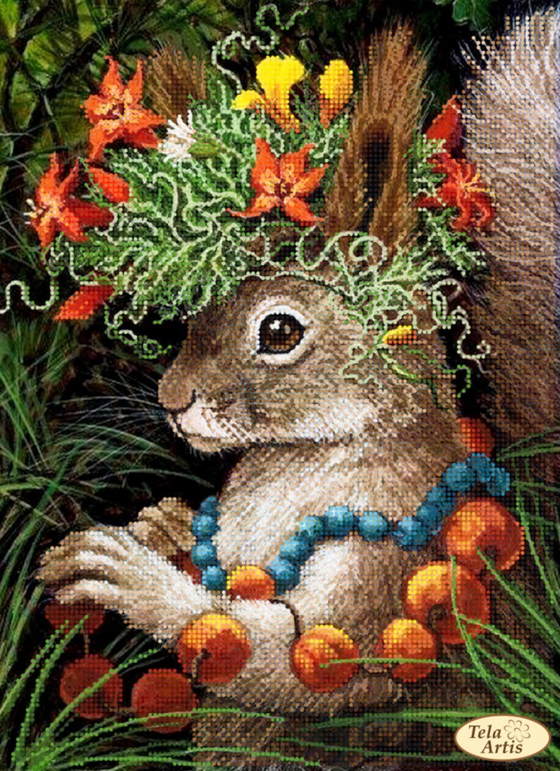 Bead Embroidery kit Forest Squirrel in a wreath Needlework Kit Etsy