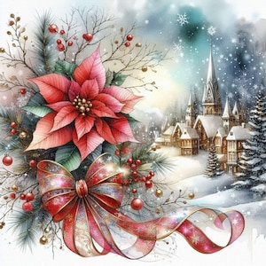 Kerstboeket Poinsettia Kruissteekpatroon Modern borduursteek Decor Kerstavond Borduurkaart Bloemen Kerstdorp