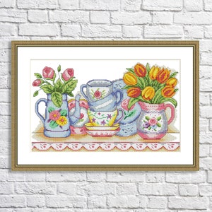 Tea service Cross Stitch Pattern Bouquet of spring flowers Kitchen Still Life Modern Decor Pattern Cups Napkins Embroidery Needlepoint chart