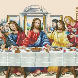May include: A cross-stitch embroidery depicting The Last Supper, featuring Jesus Christ at the center of a long table with twelve disciples. The scene includes a white patterned tablecloth, various food items, and architectural window details.