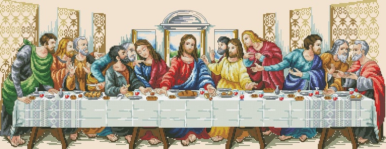 May include: A cross-stitch embroidery depicting The Last Supper, featuring Jesus Christ at the center of a long table with twelve disciples. The scene includes a white patterned tablecloth, various food items, and architectural window details.