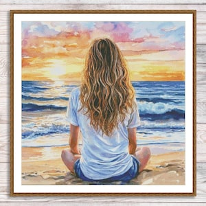 Girl at the Beach Cross Stitch Pattern, Sunset Ocean Embroidery Design, Summer Seaside PDF Chart, Instant Download, Needlepoint chart PDF