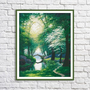 Beside Still Waters Counted Cross Stitch Pattern Spring forest Blooming tree Embroidery Needlepoint Chart Digital Pattern