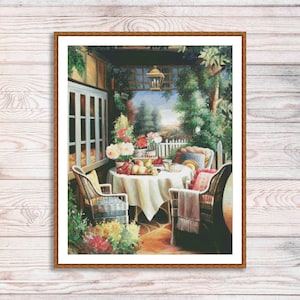 Sweet evening Counted Cross Stitch Pattern Summer Terrace Summer Landscape Pattern Hand Embroidery Needlepoint Chart Cottage Digital Pattern