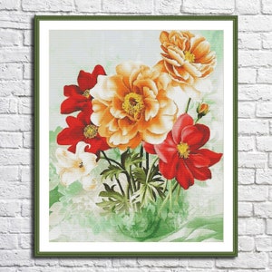 Anemonen in een vaas geteld kruissteekpatroon digitale pdf moderne bloemen wilde bloemen patroon borduurwerk naaldpunt boeket anemonen