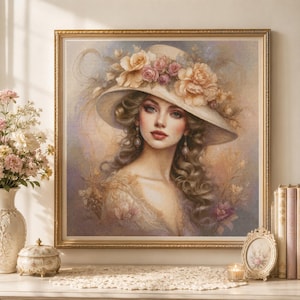 Puede incluir: Una impresión de arte mural cuadrada enmarcada que presenta el retrato de una persona con cabello largo y ondulado que lleva un sombrero de ala ancha adornado con grandes rosas color melocotón y rosa. La obra utiliza una paleta de colores pastel.