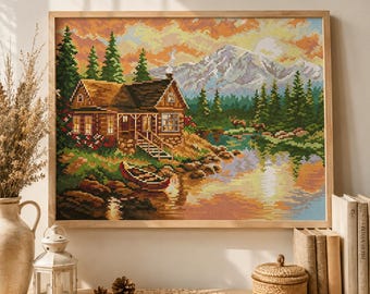 Evening in the mountains Cross Stitch Pattern Digital Pattern Hunting lodge Landscape Pattern Hand Embroidery Needlepoint River Boat
