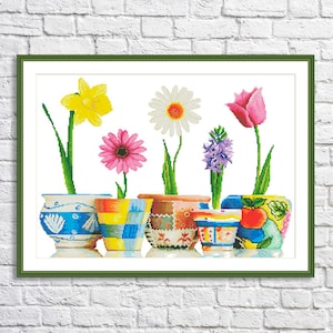 Lentebloemen in potten Geteld kruissteekpatroon Digitaal patroon Narcissus Tulp Hyacint Gerbera Borduurnaaldkaart downloaden