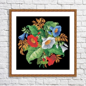 Veldwinde Geteld kruissteekpatroon Vintage bloemenborduurwerk Digitaal patroon Blauw Rode bloemen Borduurnaaldschema PDF
