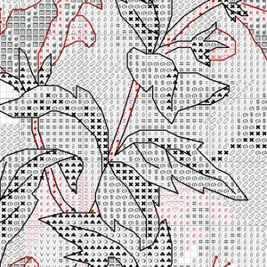 May include: A cross-stitch pattern chart printed on a white grid background. The design features black outlines of floral shapes filled with various symbols including letters, numbers, and geometric icons like hearts, clubs, and dollar signs.