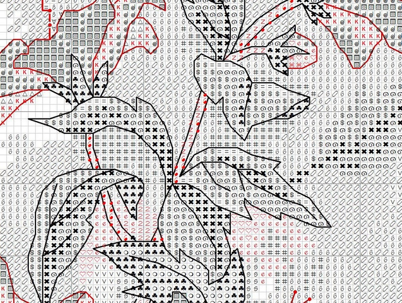 May include: A cross-stitch pattern chart printed on a white grid background. The design features black outlines of floral shapes filled with various symbols including letters, numbers, and geometric icons like hearts, clubs, and dollar signs.