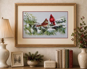 Winter cardinals Cross Stitch Pattern Snow Winter Forest Bird Pattern Animal Embroidery Needlepoint Chart Download Digital Pattern PDF