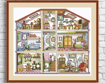 Victorian Doll House Counted Cross Stitch Pattern Hand Embroidery chart Needlepoint Chart Instant Download PDF Home sweet home
