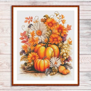 Herfst Pompoenen Cross Stitch Patroon Digitaal Patroon Zonnebloemen Modern Decor Wilde Bloemen Patroon Boeket Borduurnaaldpunt Grafiek