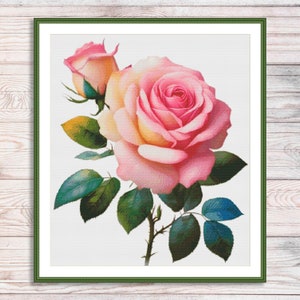 Aquarel enkele rozen geteld kruissteekpatroon roze bloemen Tak van tuinbloemen Vintage bloemen digitaal borduurpatroon PDF