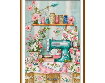 花のクロスステッチキットのヴィンテージミシン、刺繍用レトロシンガー