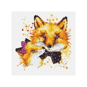 May include: A watercolor painting of two foxes, one with a pink bow and the other with a purple bow tie. The foxes are looking at each other and appear to be in love.