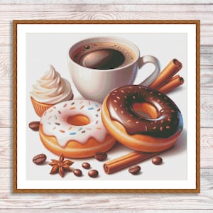 May include: A white coffee mug filled with dark coffee, a chocolate glazed donut, a donut with white frosting and colorful sprinkles, a cupcake with white frosting, cinnamon sticks, and coffee beans on a white background.