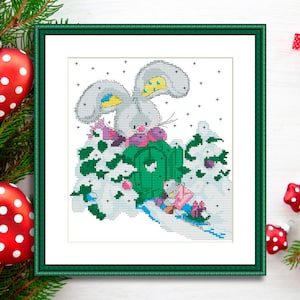 Christmas Gift Bunny Christmas Cross Stitch Pattern Xmas Snowflakes Hand Embroidery Home Stitching Decor Embroidery Pattern Needlepoint
